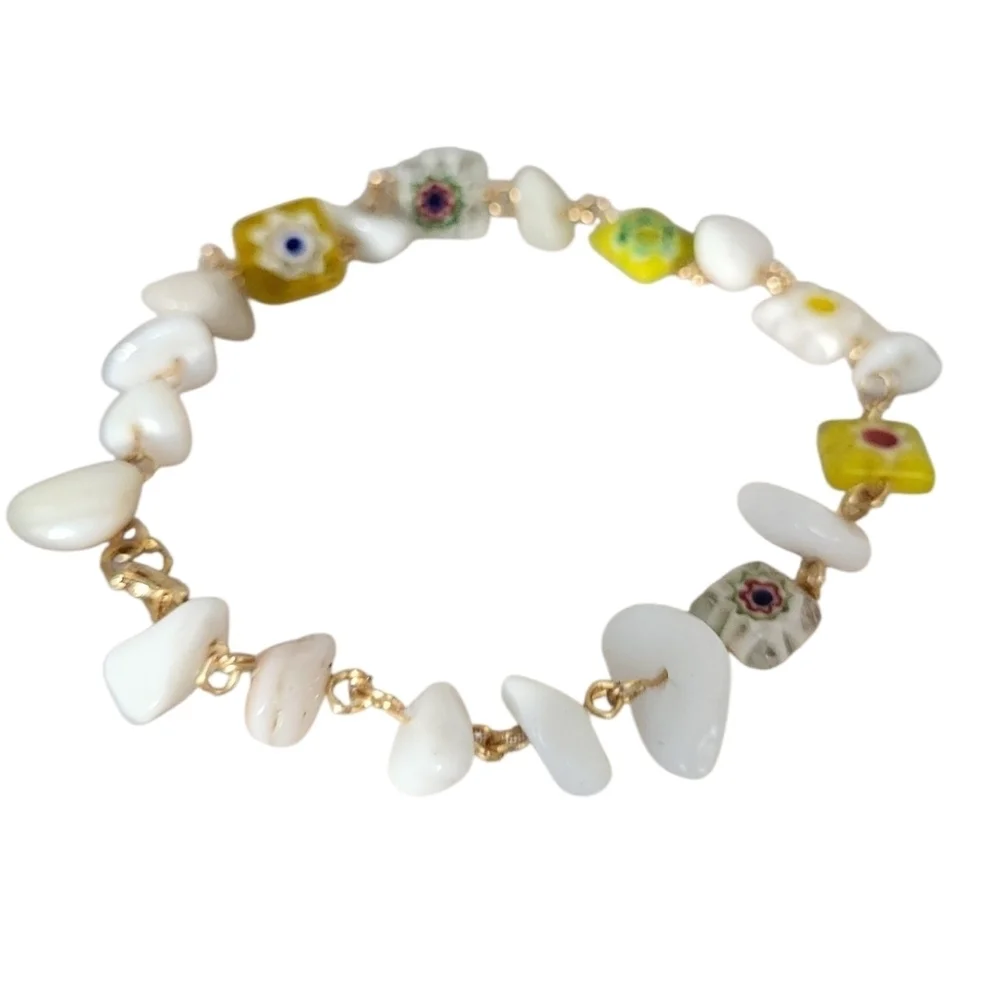Millefiori Floral Beads & White Quartz Bracelet Copper